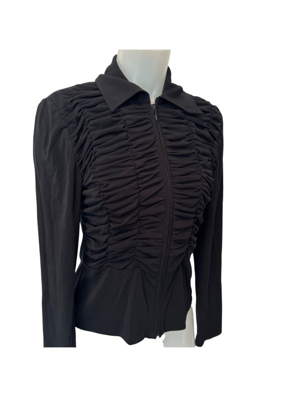 Joseph Ribkoff Ruched Zip Up Jacket Top Size 10 Black Whimsigoth Y2K 90s Stretch